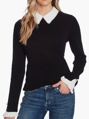 CeCe Imitation Pearl Peter Pan Collar Cotton Sweater